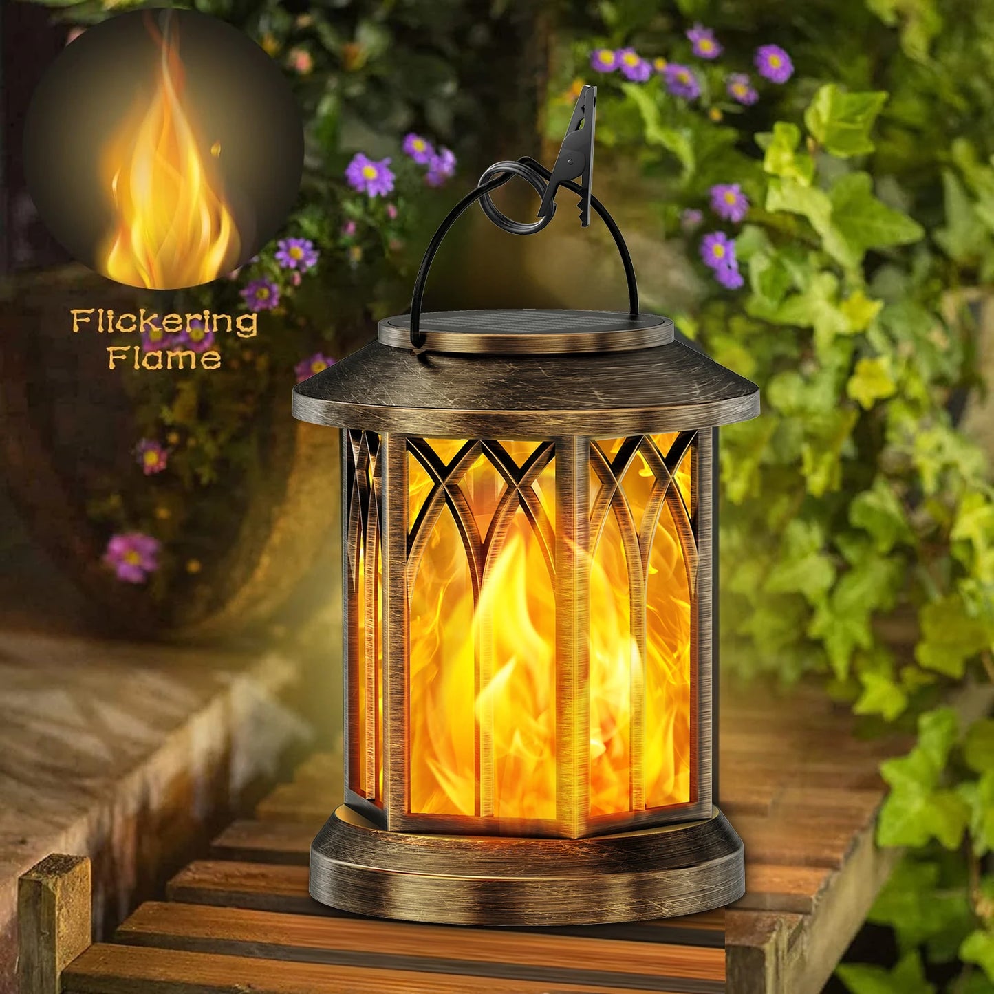 KPSTEK 2 Pack Flickering Flame Solar Lanterns Outdoor