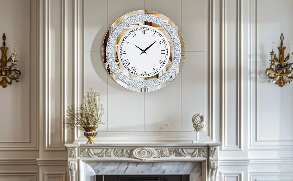 Round Mirrored Wall Clock With Crystal Sparkle Diamond Accents For Living Room
