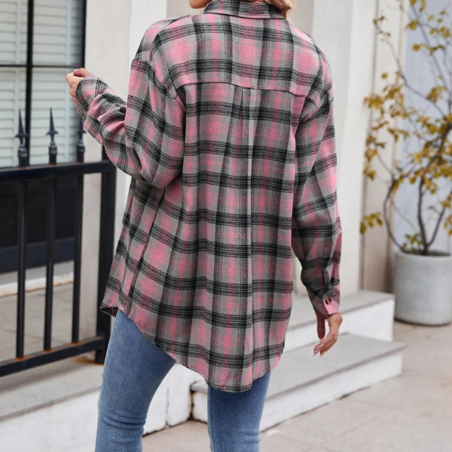 Guangdong CN Womens V Neck Flannel Plaid Button Down Shirt