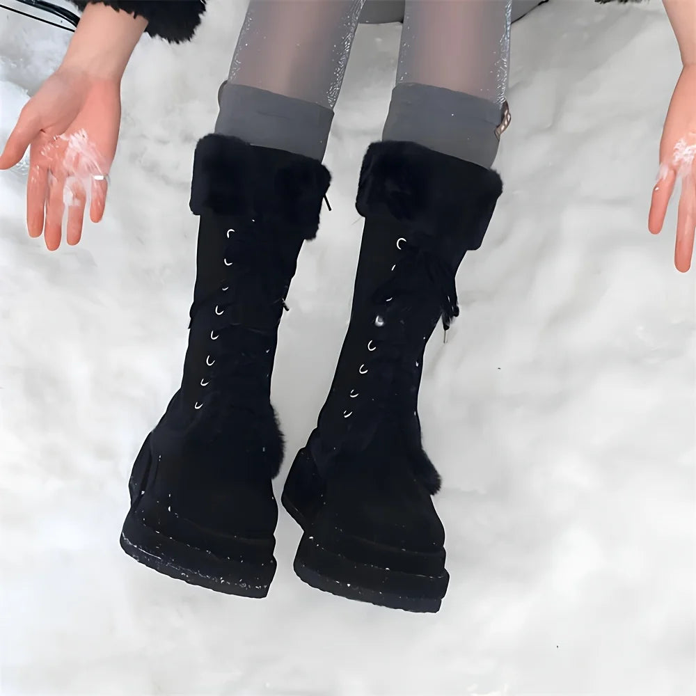 Women Winter Faux Fur Mid Calf Snow Boots Platform Wedges