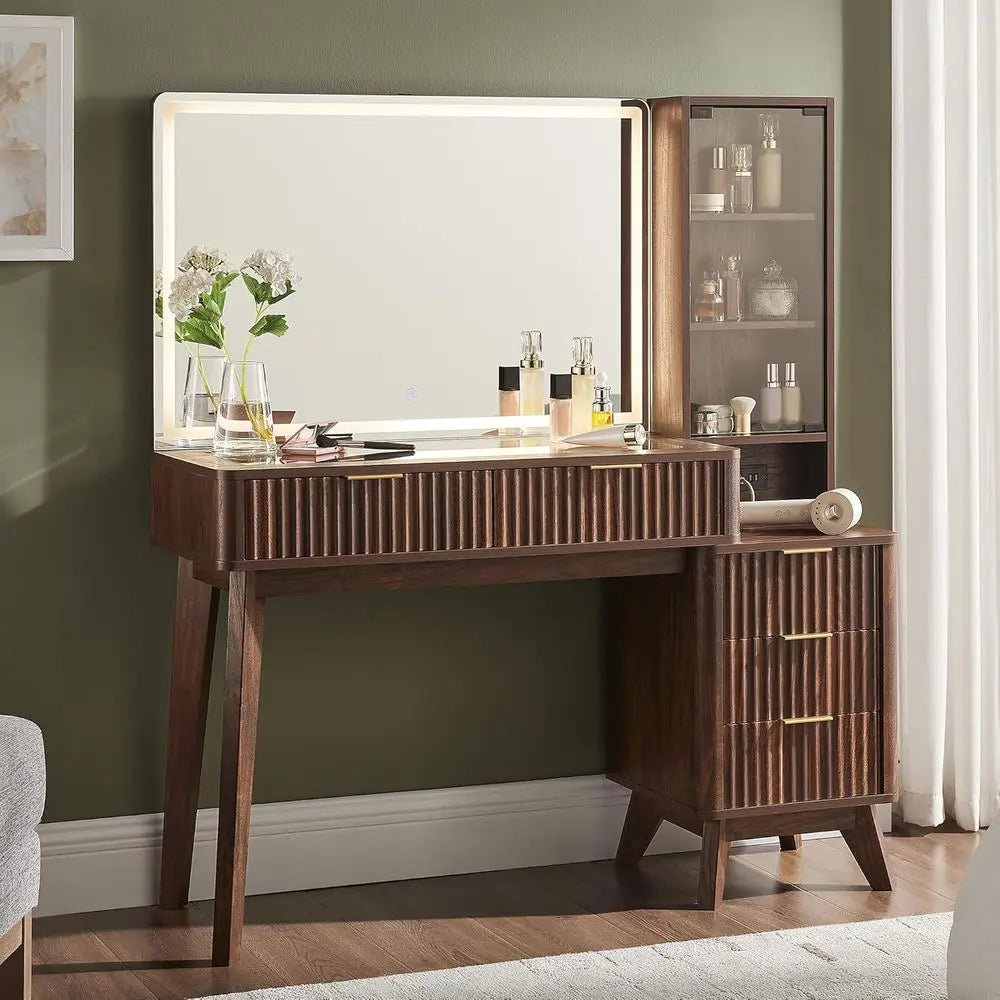 Makeup Vanity Desk With Illuminated Mirror Five Drawer And Charging Station