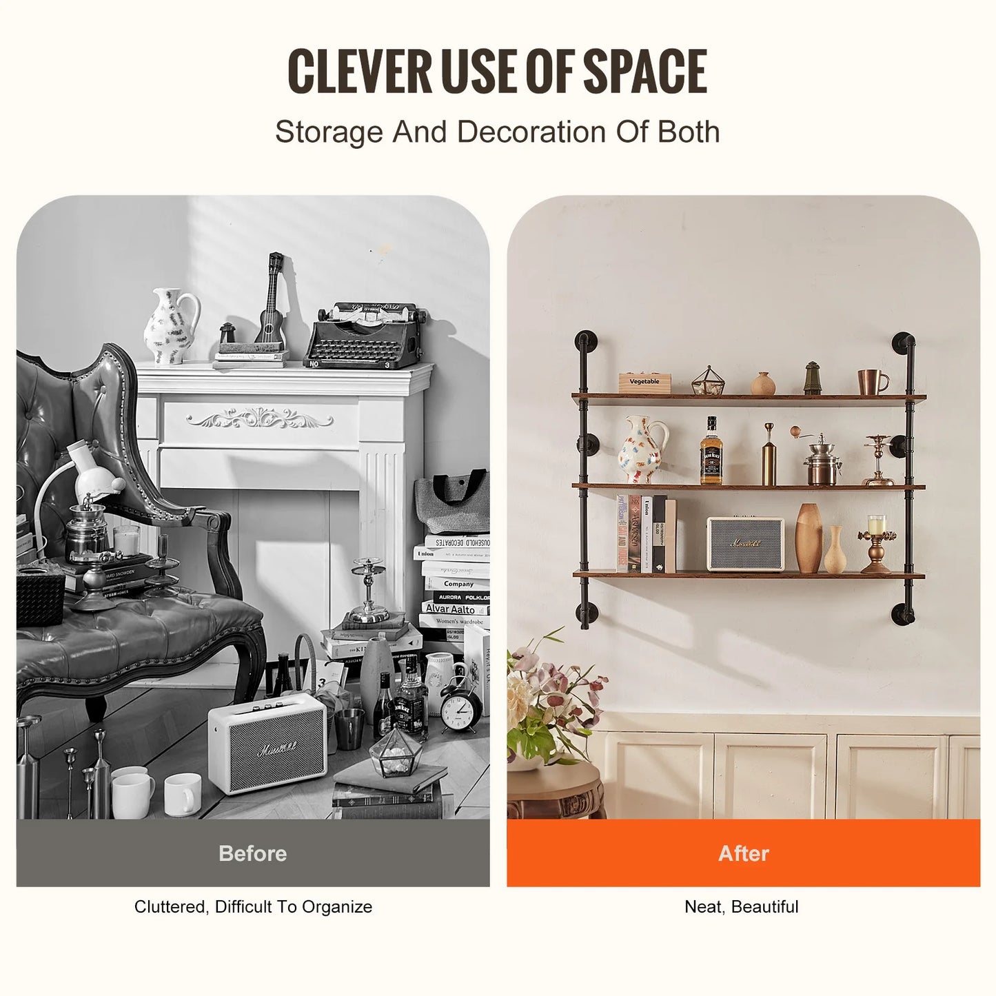 SucceBuy Industrial Pipe Shelving Wall Mount Wood Shelves