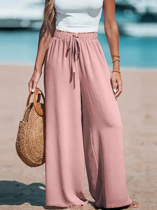 Women Casual Wide Leg Pants With Pockets And Drawstring Waist