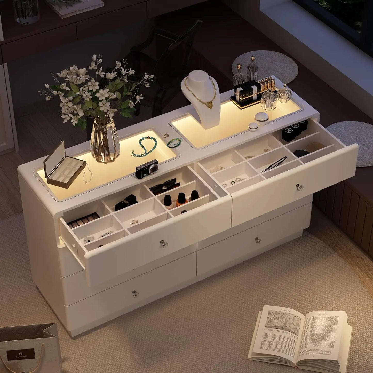 XMSJ Glass Top 8 Drawer Dresser for Bedroom Living Room