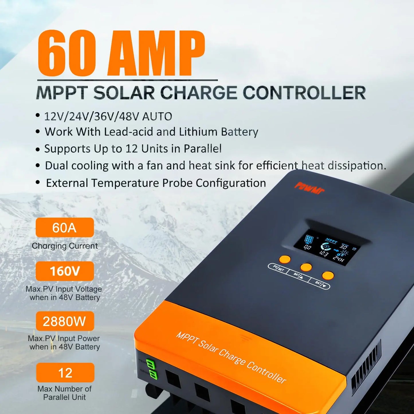 PowMr MPPT 60A Solar Charger Controller 160VDC Max PV Input