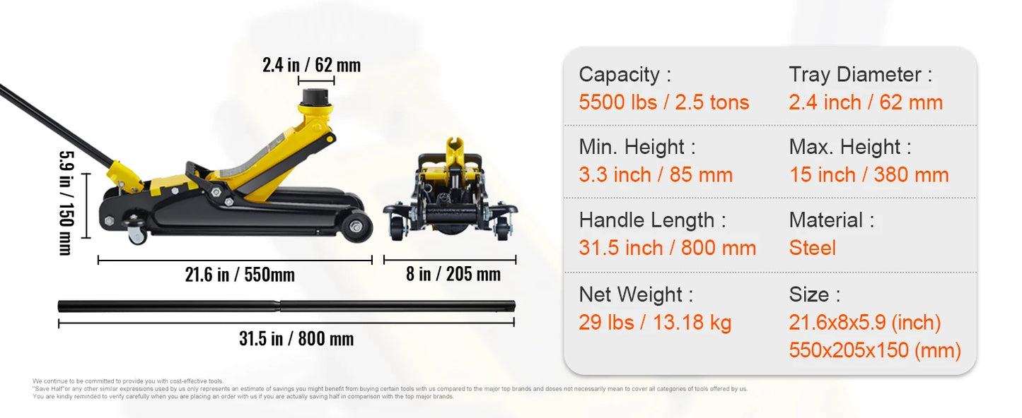 SucceBuy Two And A Half Ton Floor Hydraulic Jack Pneumatic Low Profile Steel
