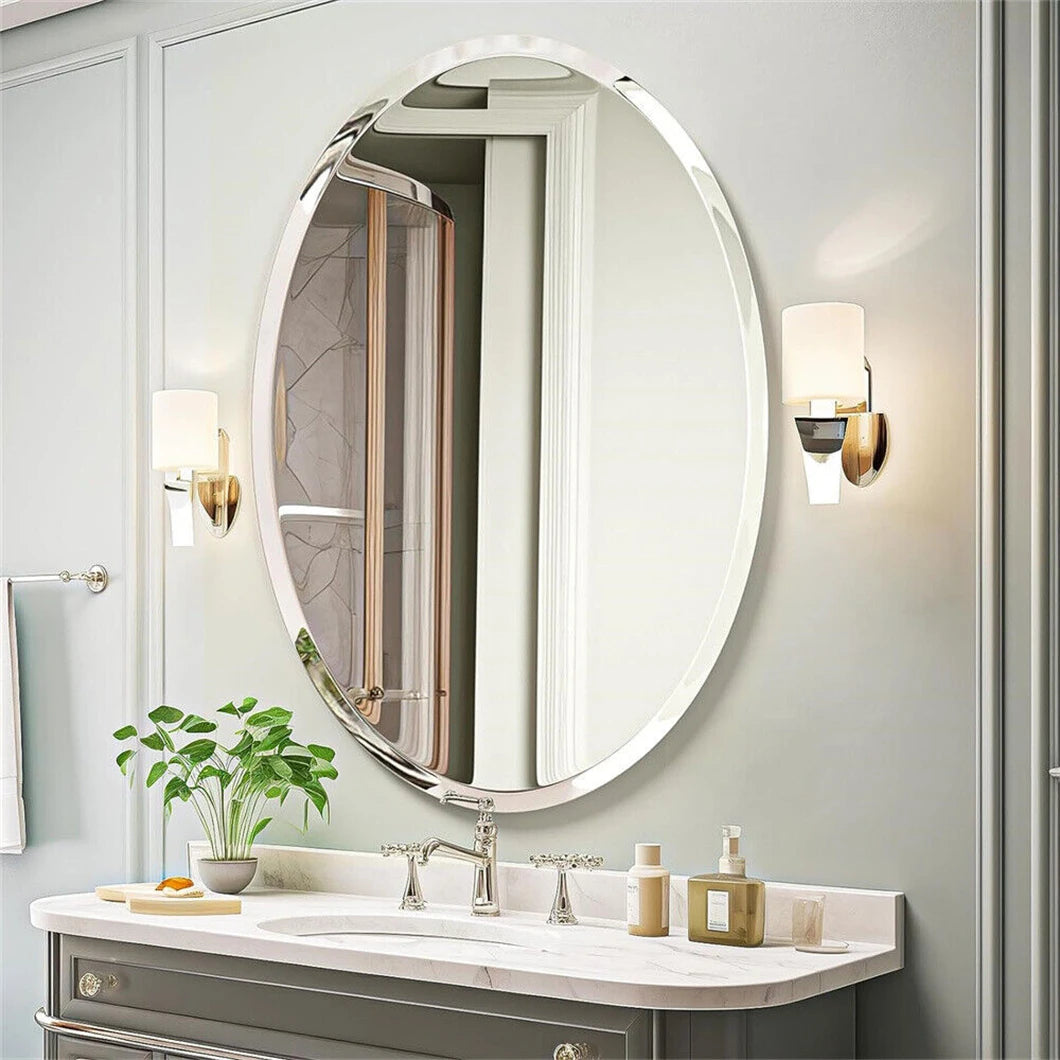 BORWART Frameless Oval Wall Mirror Beveled Silver Edge