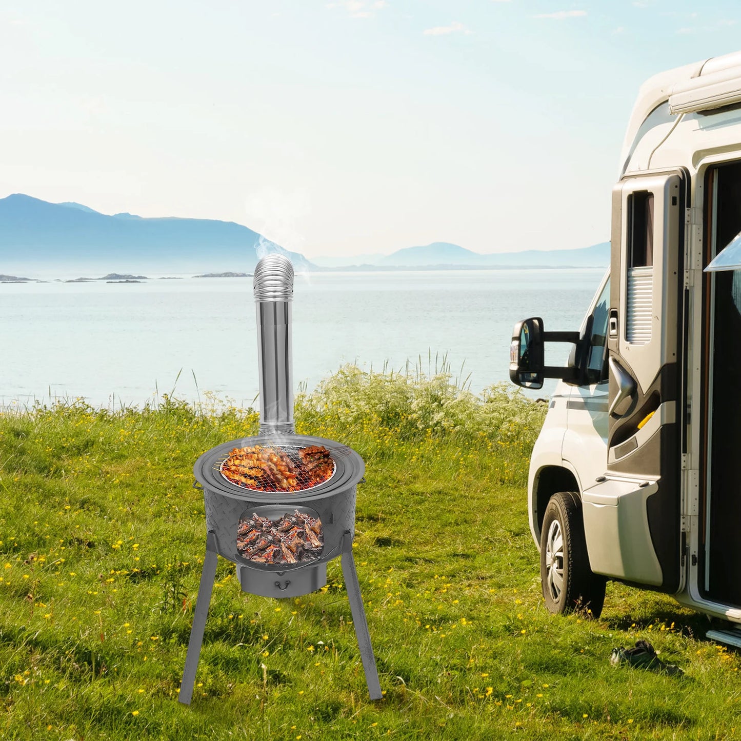 Portable Wood Burning Stove With Three Wok Rings For Outdoor Cooking