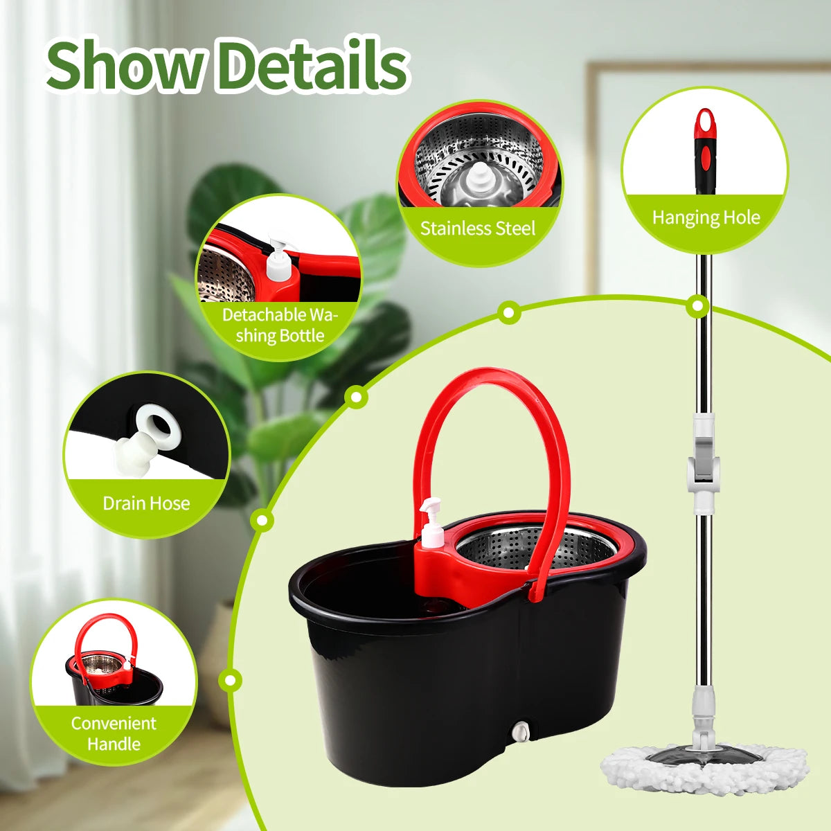360 Degree Spin Mop System With Self Cleaning Bucket Heads