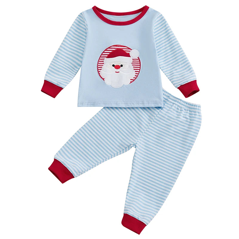 Pudcoco Christmas Toddler Unisex Santa Embroidered Sweatshirt Stripe Pants Set