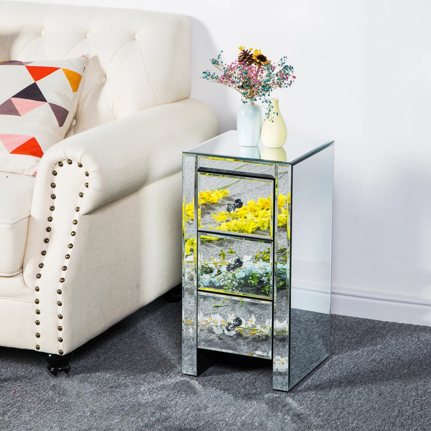 General Use Mirrored Glass Bedside Table with Three Drawers