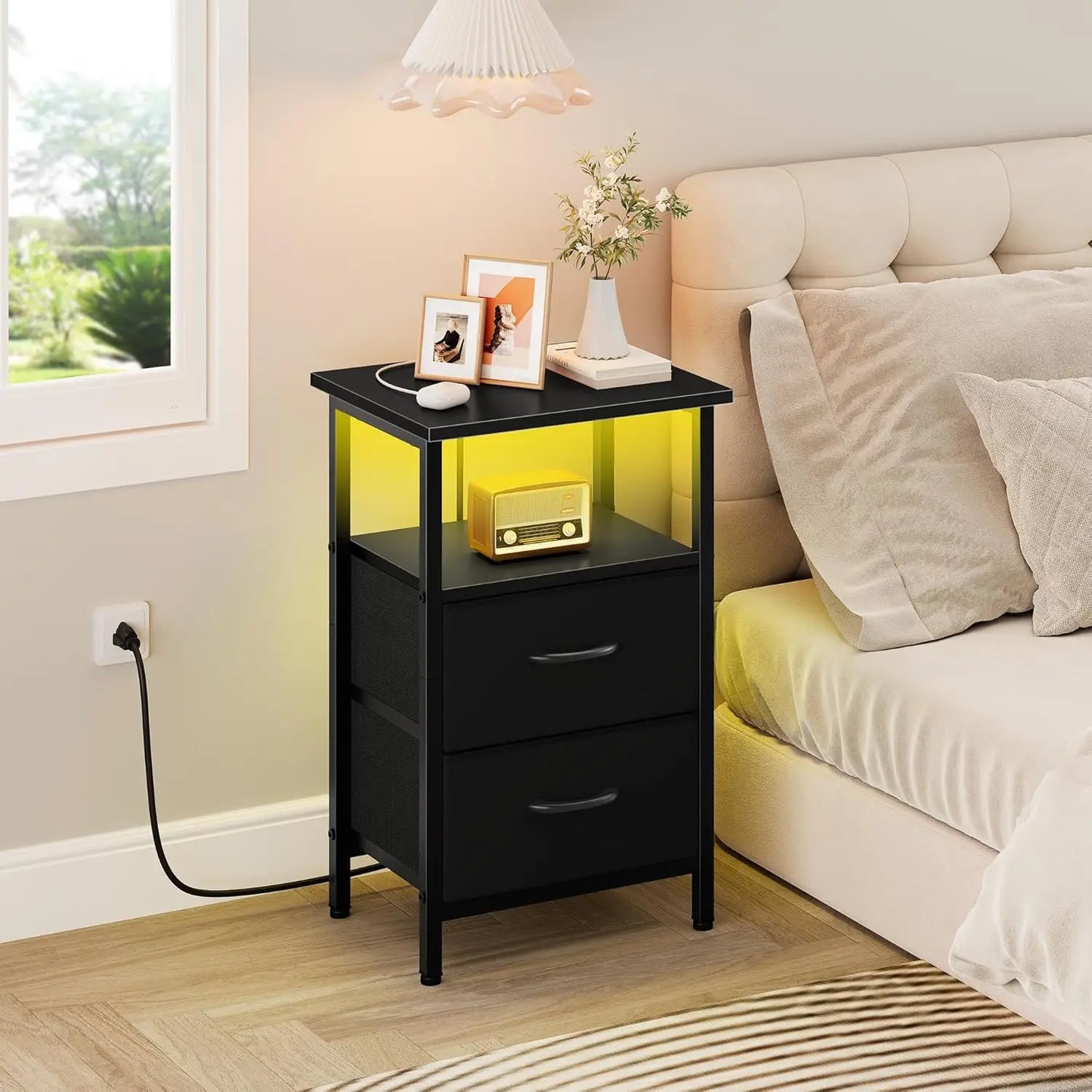 2-Piece Nightstand Set With LED Lights And Charging Station