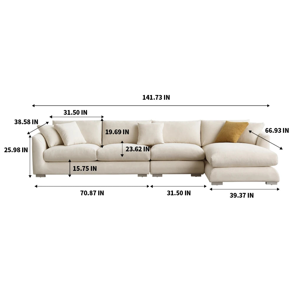 Cloud Down Filled L-Shaped Chaise Sofa Recliner Modern Linen
