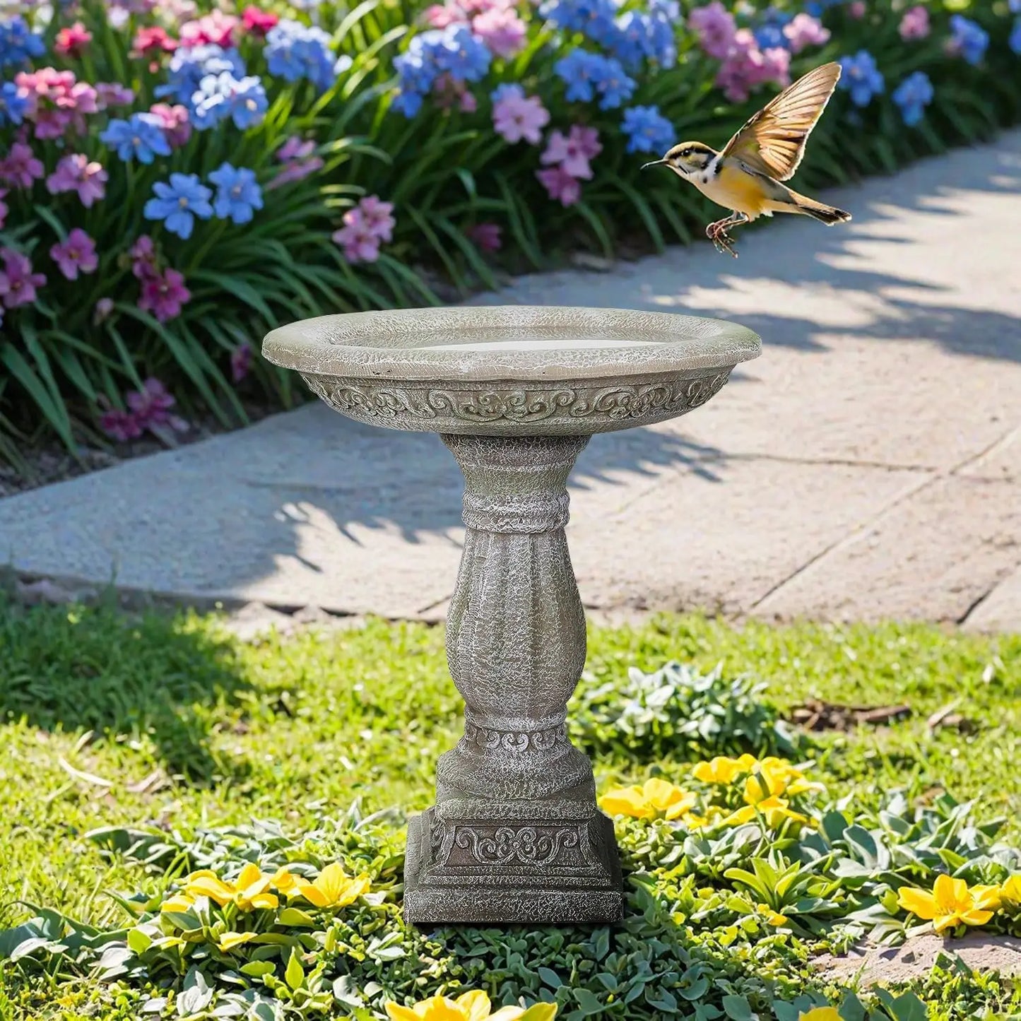 Outdoor Birdbath With Neoclassical Carved Pedestal In Fibre Concrete
