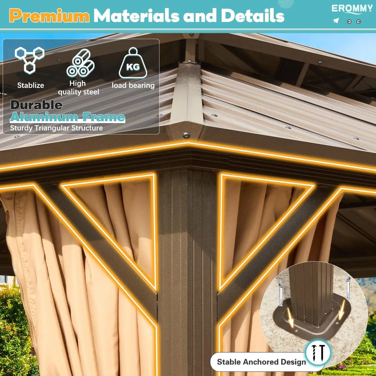 XMSJ Hardtop Gazebo Aluminum Frame With Galvanized Steel Double Roof