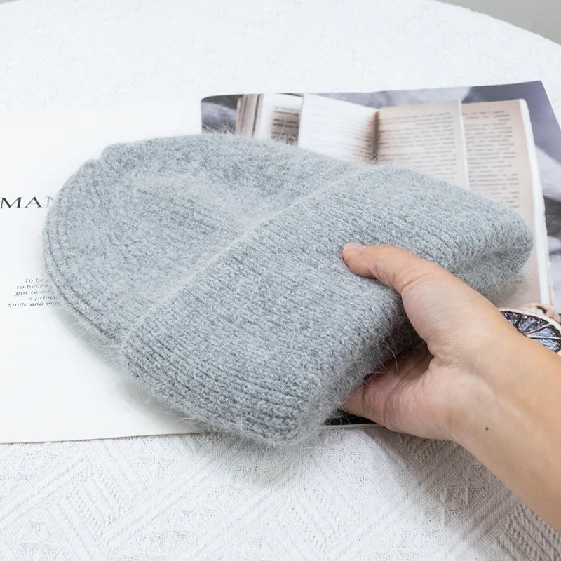 Warm Cashmere Wool Beanie With Rabbit Fur For Women Outdoor