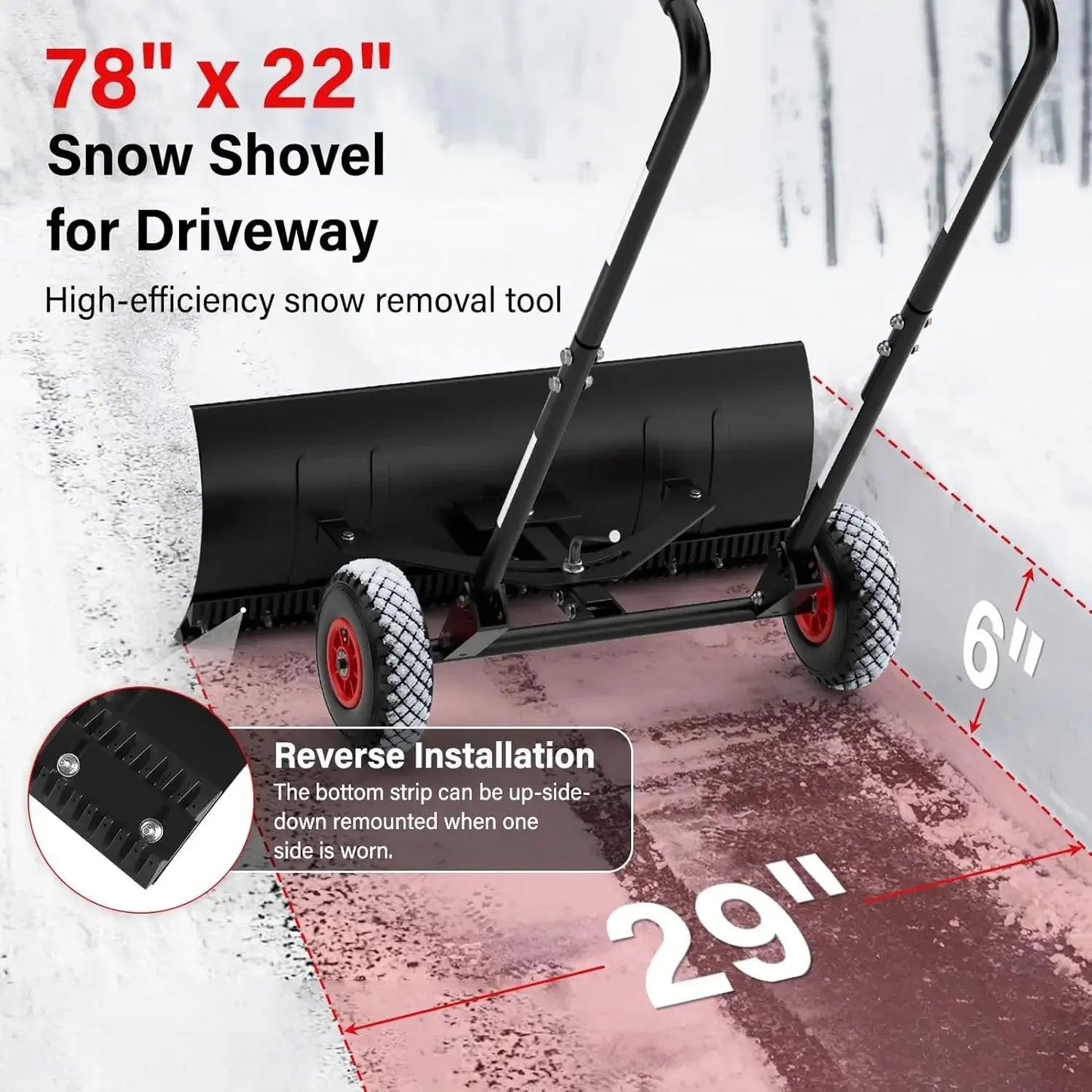 Snow Shovel Pusher With Wheels Heavy Duty Steel Angled Blade
