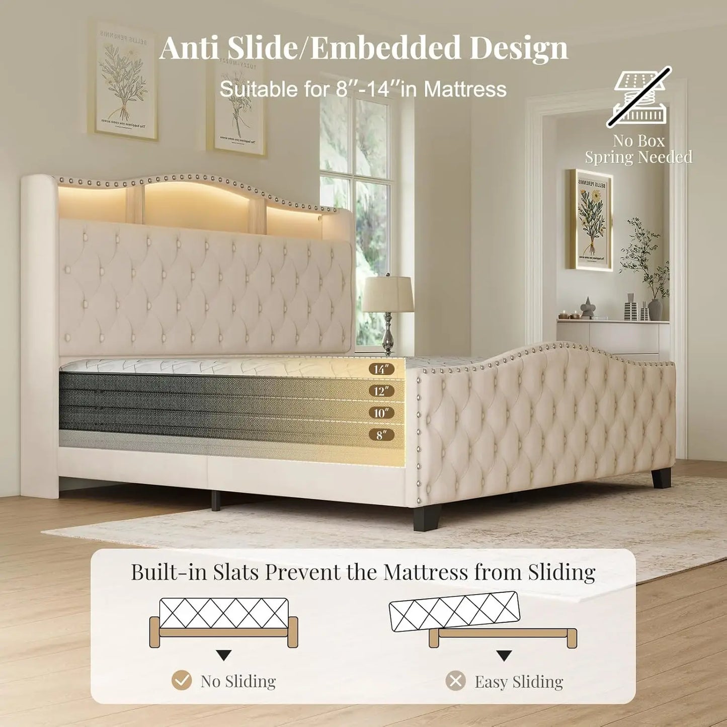 Velvet Wingback Bed Frame Tufted Footboard Squeak Resistant