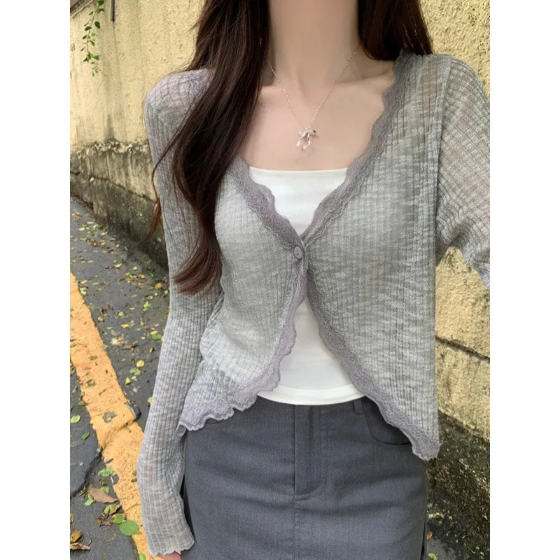 Dawndesslo Lace Trim Open Front Knit Cardigan For Women