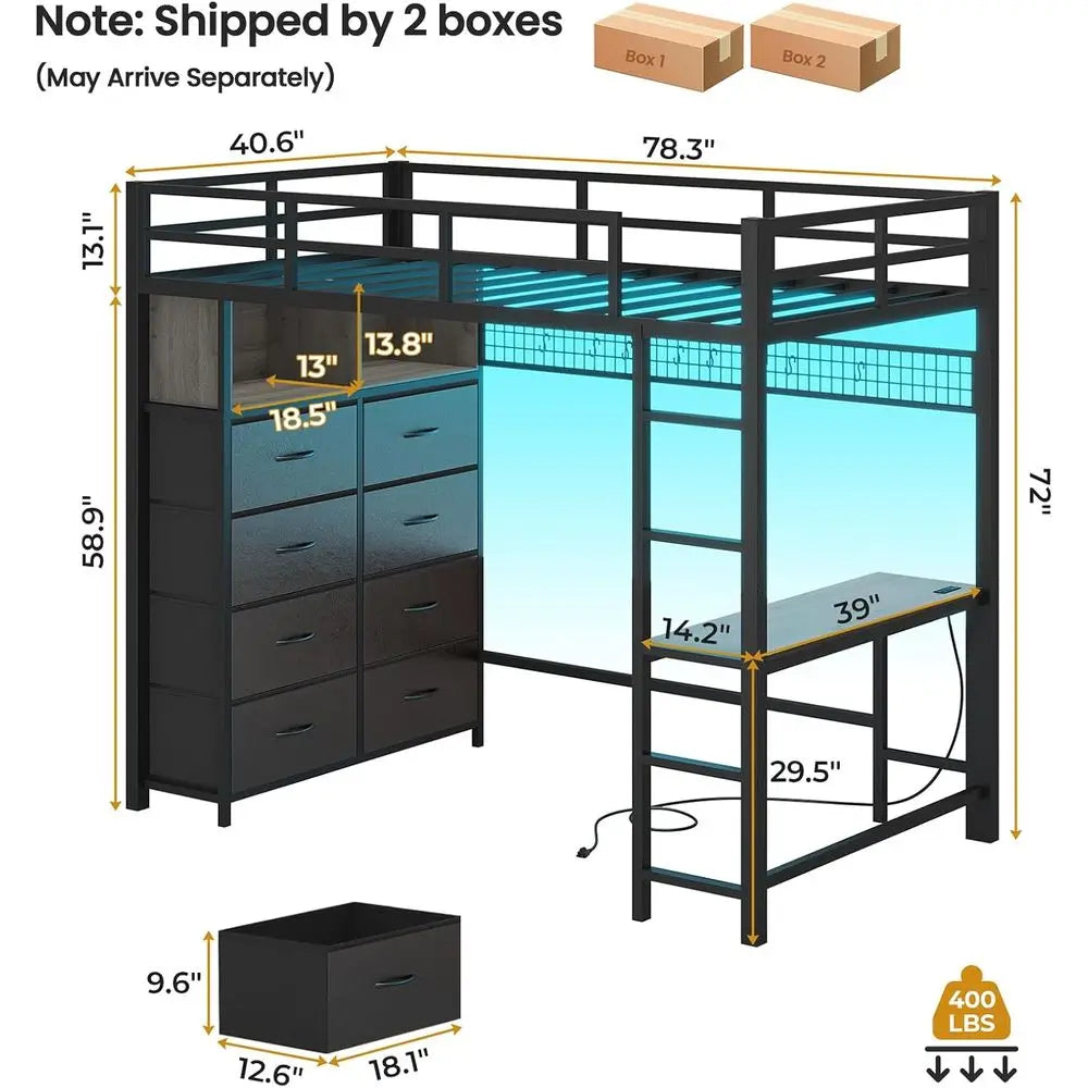 Twin Metal Loft Bed With Desk Drawers And Storage Shelves