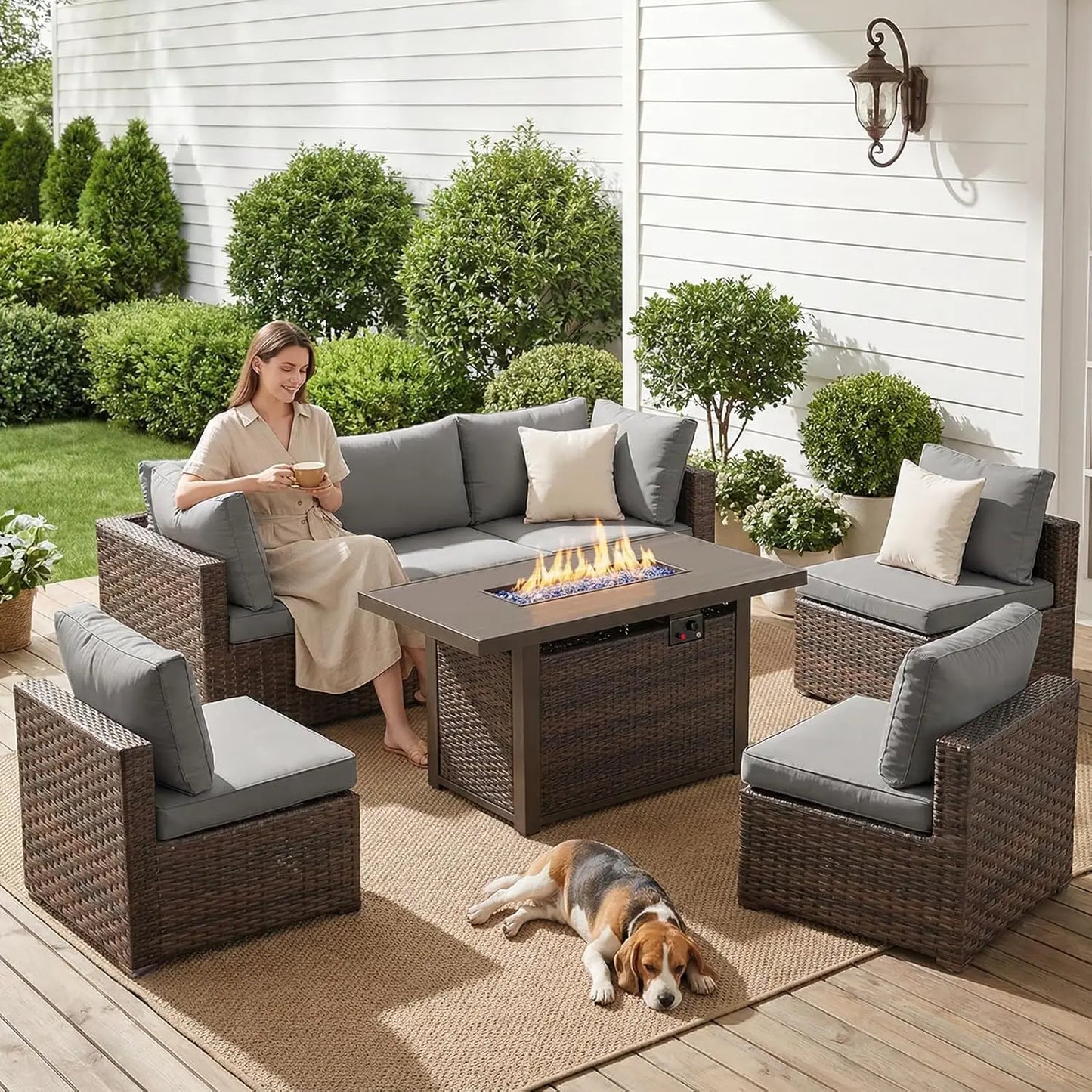 XIAOLANG Outdoor Sectional Patio Furniture Set With Fire Pit Table
