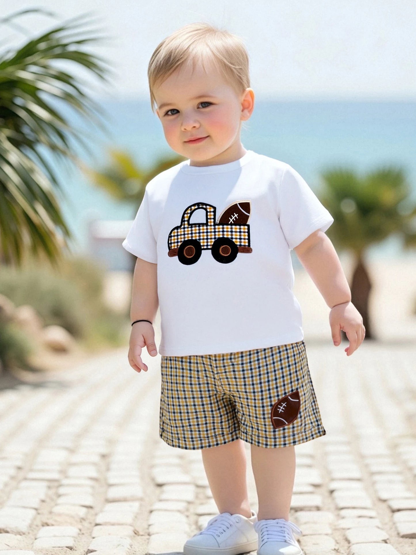 Toddler Boys Summer Set With Car Embroidery Tee And Shorts