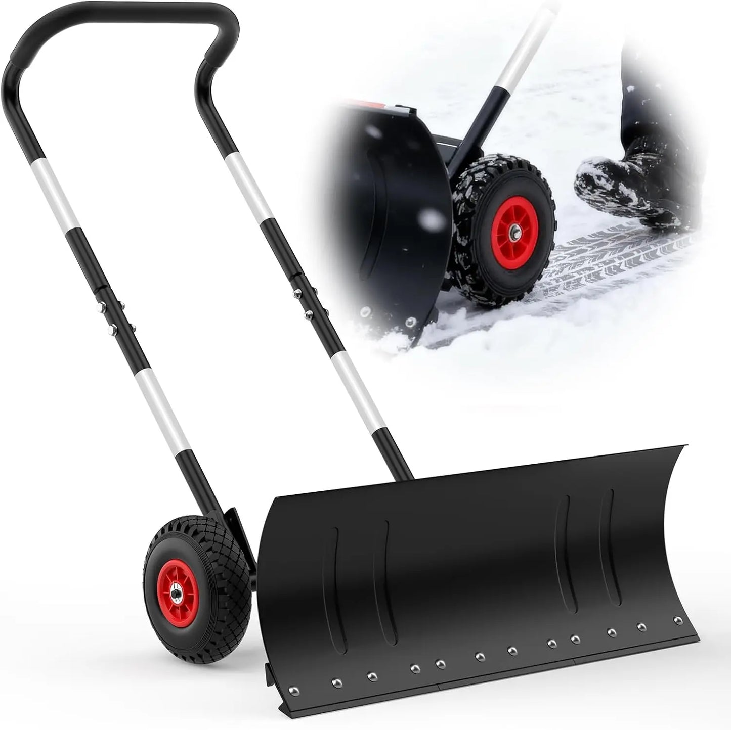Snow Shovel Pusher With Wheels Heavy Duty Steel Angled Blade
