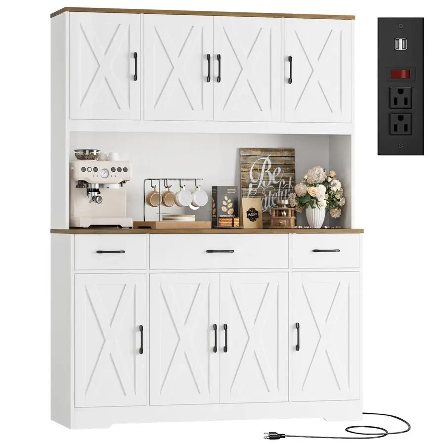 XMSJ Tall Pantry Cabinet With Charging Station And Countertop Storage
