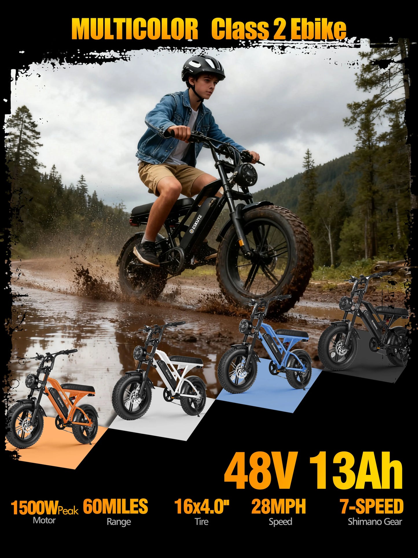Eskute V100 Electric Bike 1500W Peak 28 MPH Dual Suspension