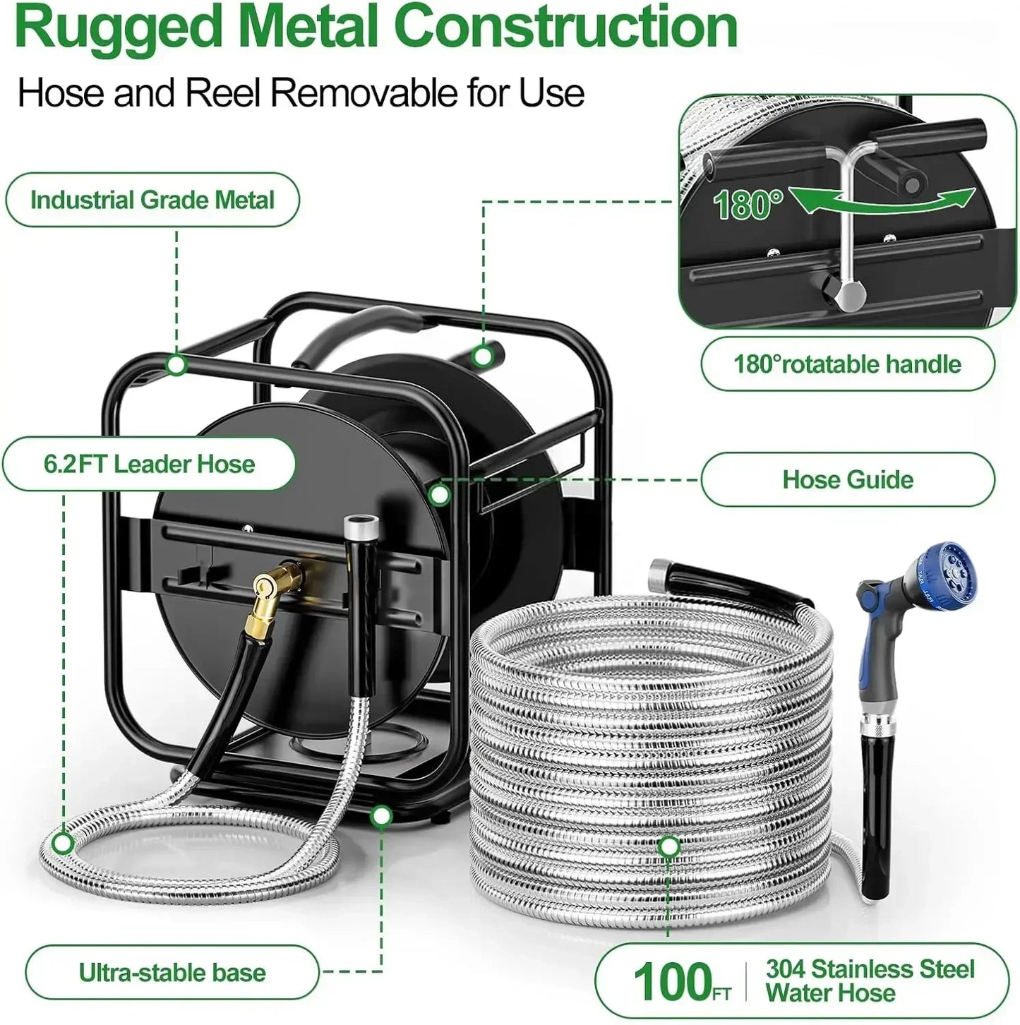 XMSJ Heavy Duty Metal Garden Hose Reel With Stainless Nozzle