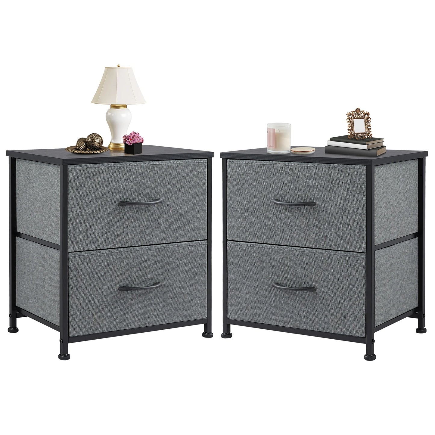 JHK Nightstand Bedside Table With Fabric Drawers Storage Cabinet