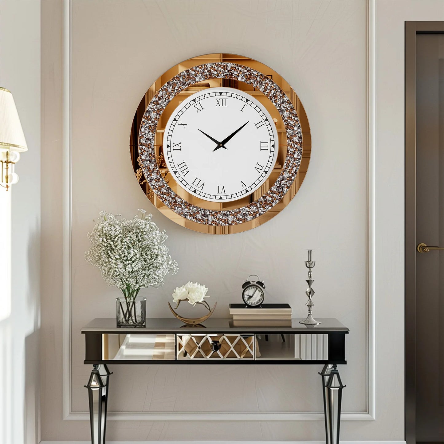 Round Mirrored Wall Clock With Crystal Sparkle Diamond Accents For Living Room