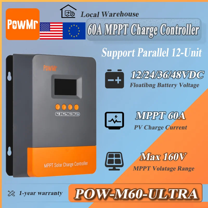PowMr MPPT Solar Charge Controller 60A PV160V For Solar Home