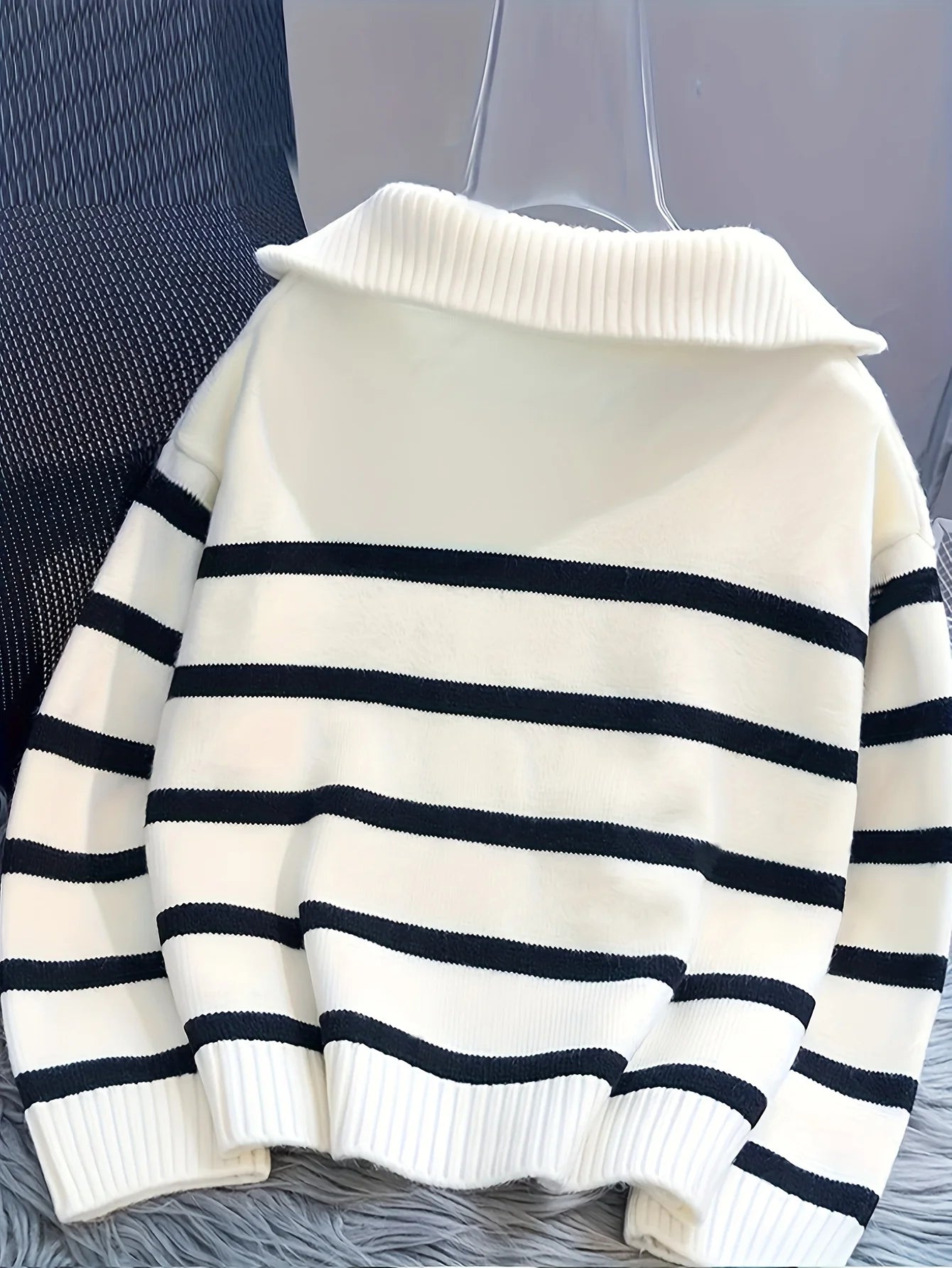 CakuloCN Autumn Winter Knit Striped Zipper Women's Pullover Sweater