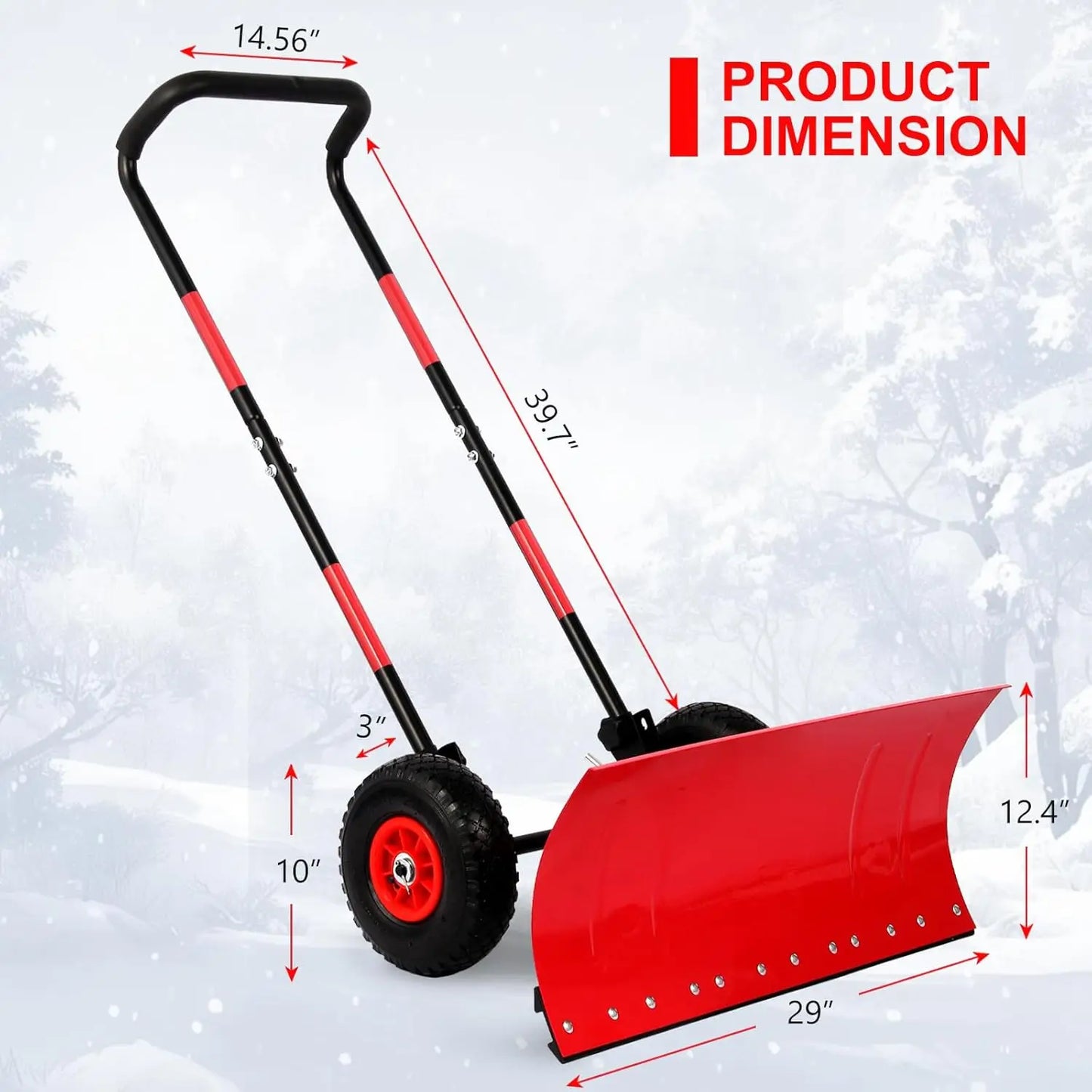Snow Shovel With Wheels Metal Blade Adjustable Angled Handle