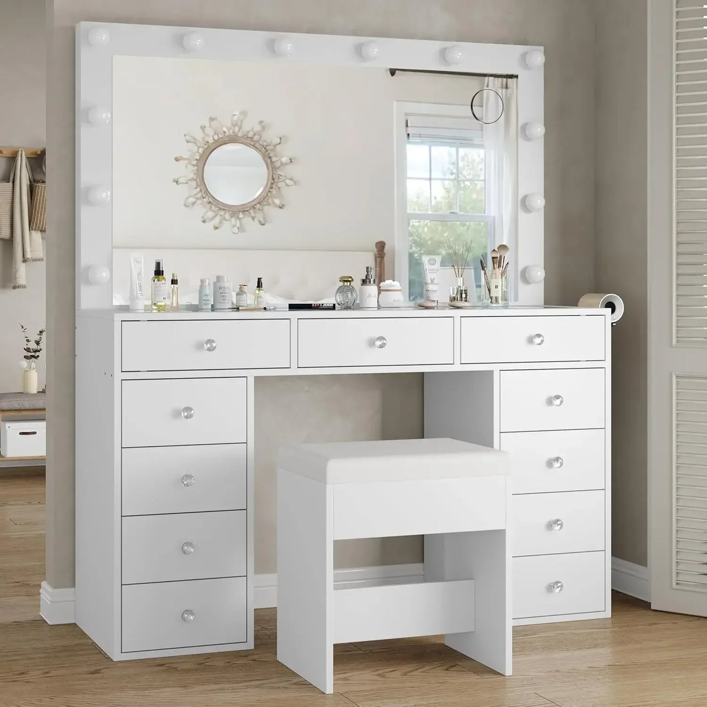 General Use Vanity Desk With Mirror And 12 LED Lights