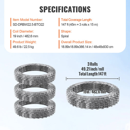 VEVOR Razor Wire Barbed Fence Fencing Double Spiral Galvanized Roll