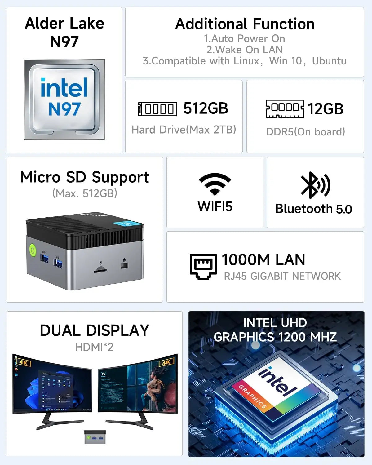 Hignconcerned Mini PC N97 Turbo 3.6GHz 12GB DDR5 512GB SSD