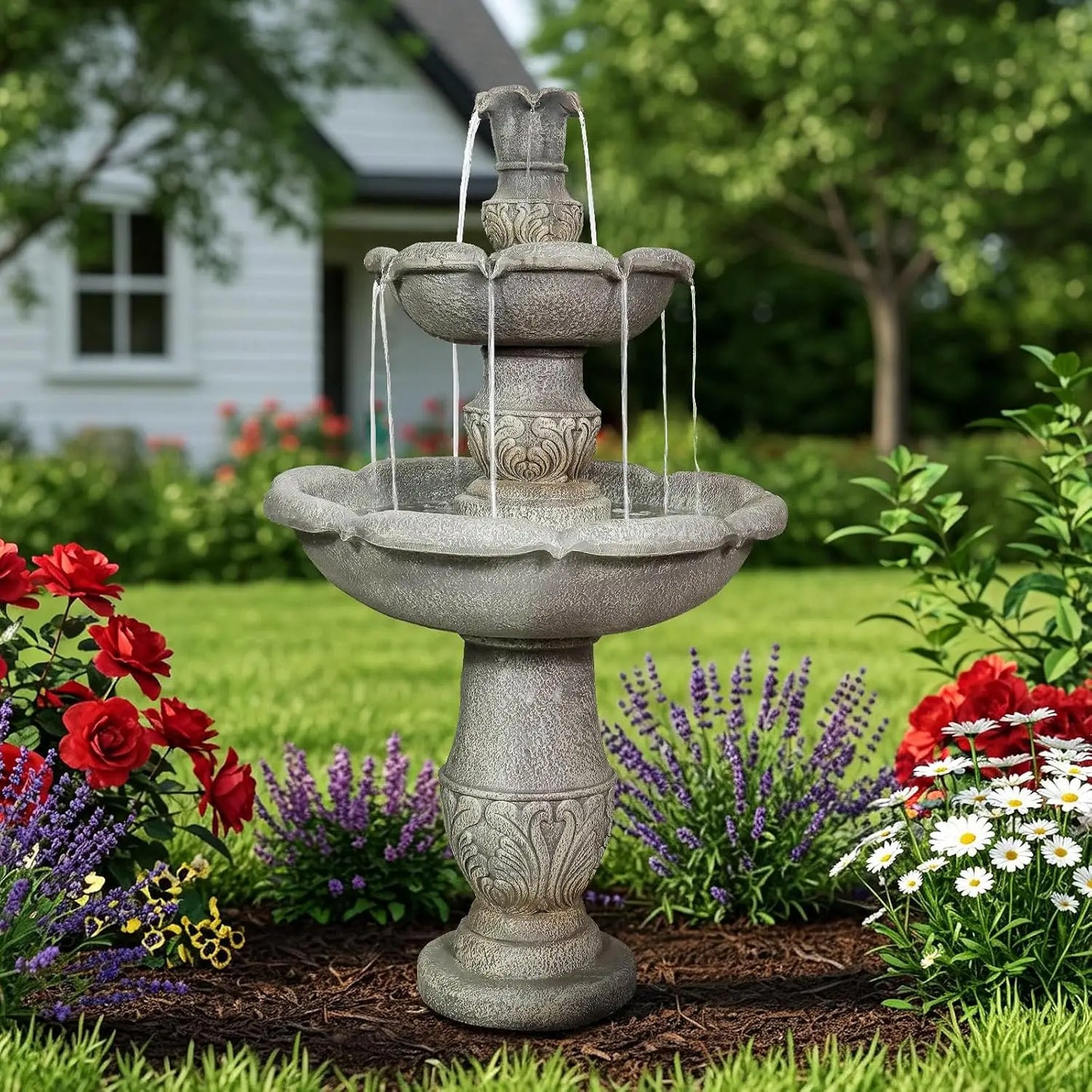 Outdoor Water Fountain 3 Tier Cascading Fiber Reinforced Concrete