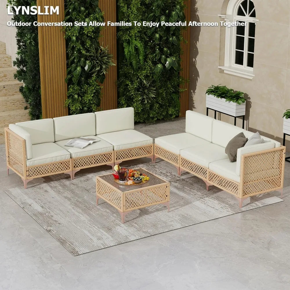 Outdoor Patio Furniture Set Wicker Sectional With Tempered Glass Table