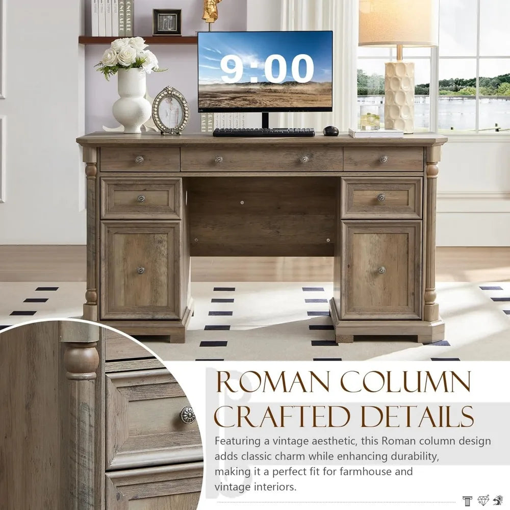 RBXC Wood Executive Desk With 7 Drawers Farmhouse Office