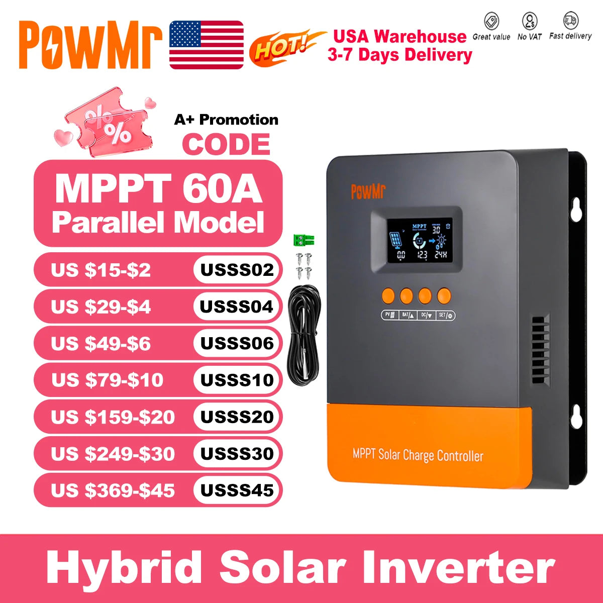 PowMr MPPT 60A Solar Charger Controller 160VDC Max PV Input