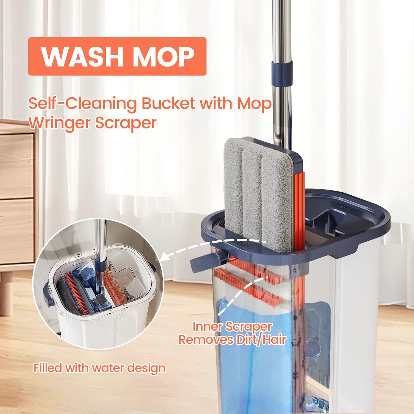 Floor Washing Mop with Separate Clean and Dirty Water Buckets