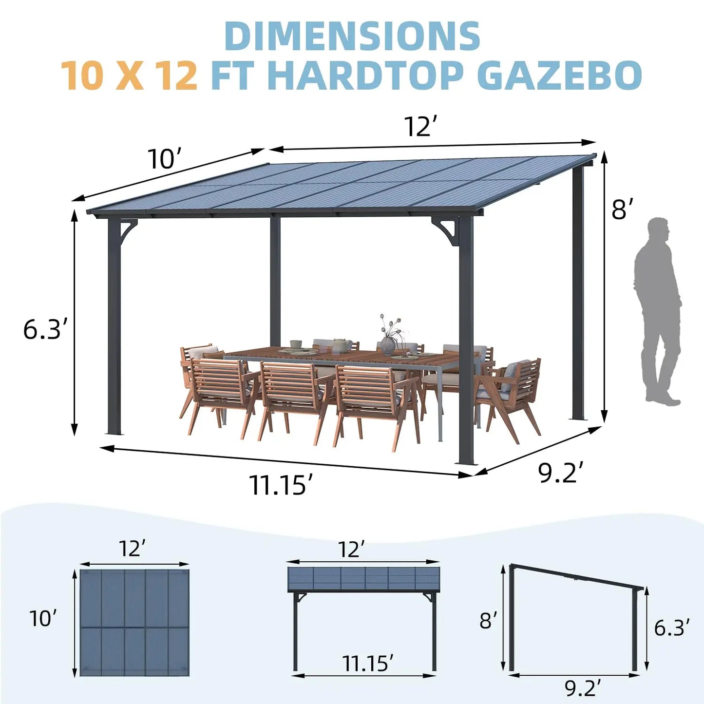 Wall Gazebo Hard Top Pergola Outdoor Patio Canopy For Deck