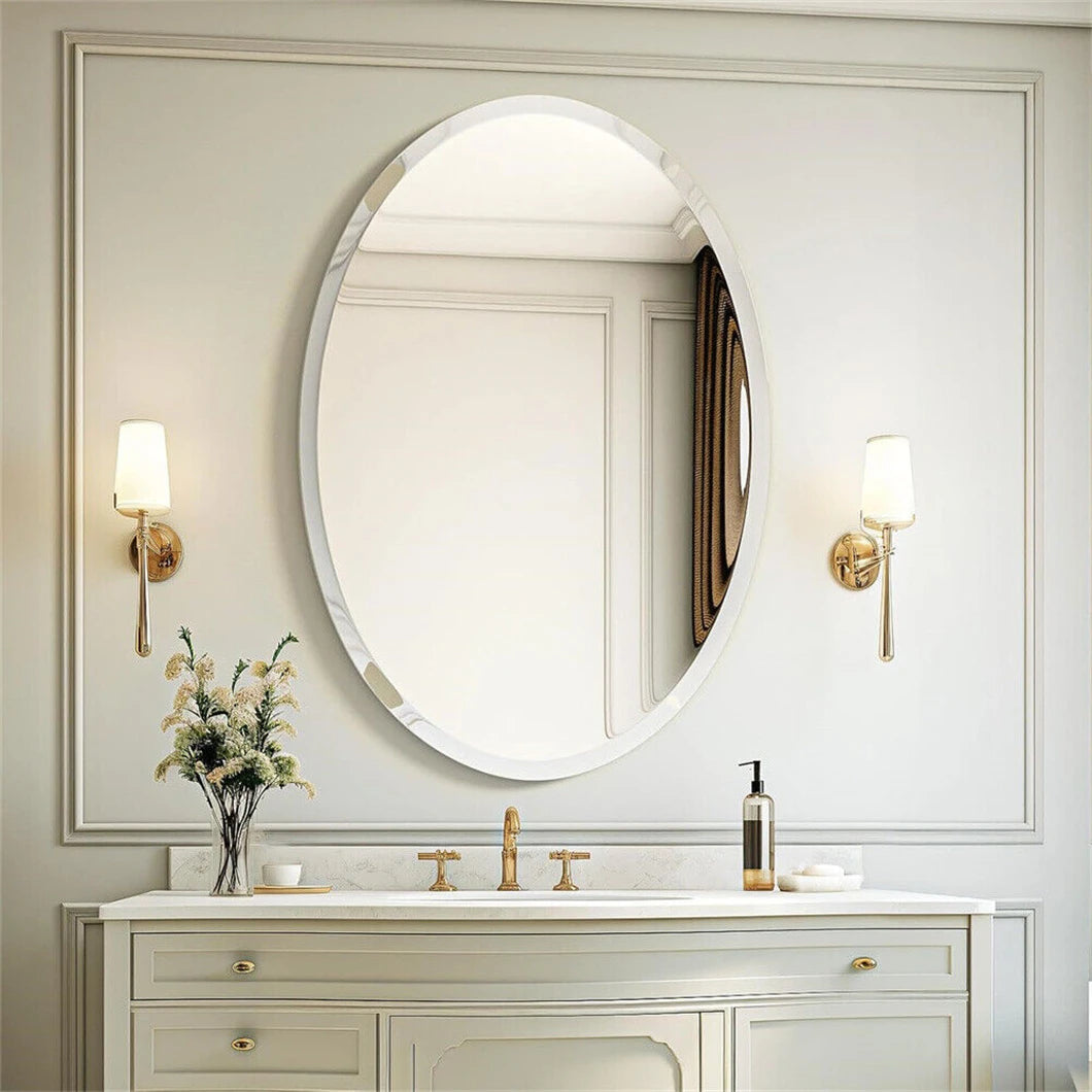BORWART Frameless Oval Wall Mirror Beveled Silver Edge