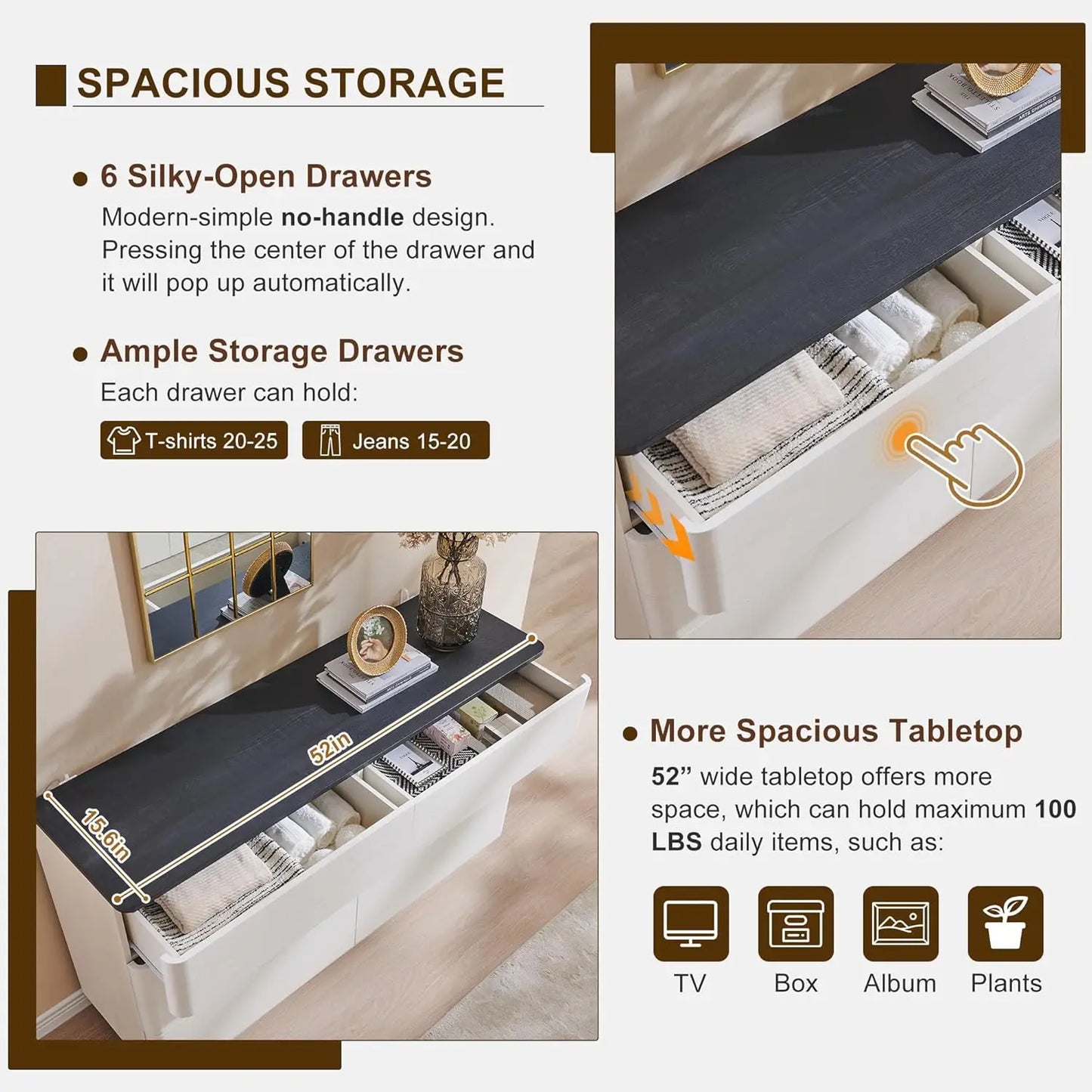 Modern 6 Drawer Dresser For Bedroom Storage