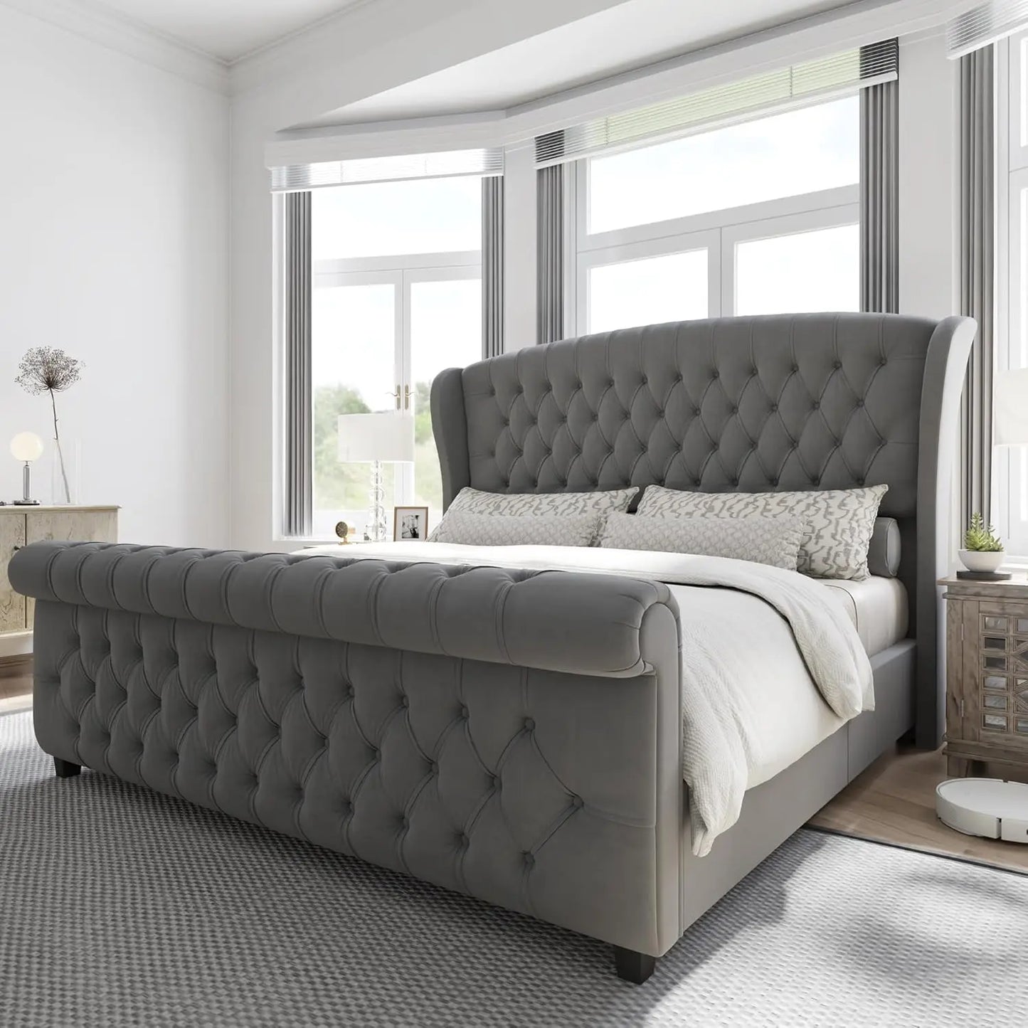 Platform Bed Frame Chenille Upholstered Sleigh With Button Tufted Headboard