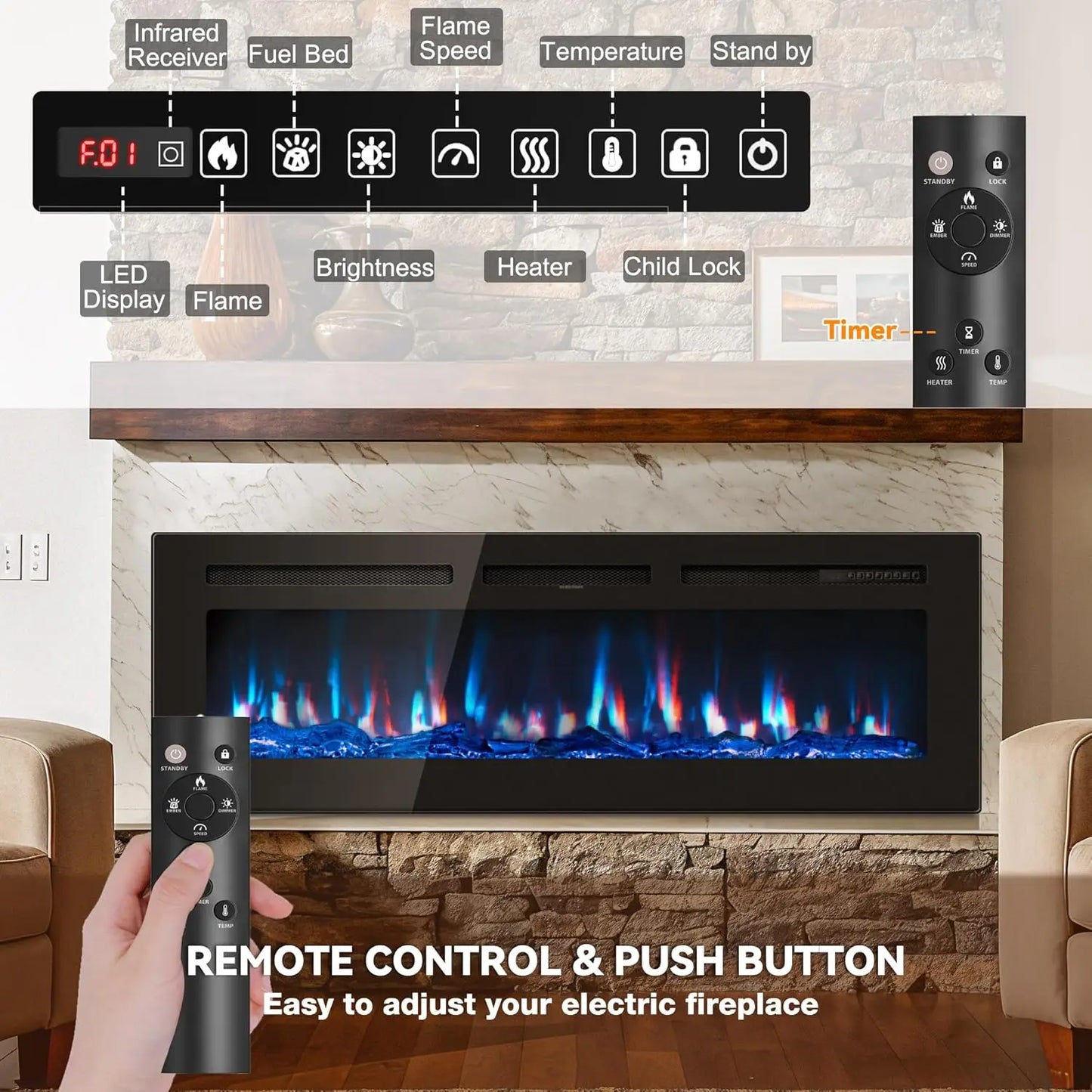 In-Wall Electric Fireplace With Remote Control 1500 750W Heater