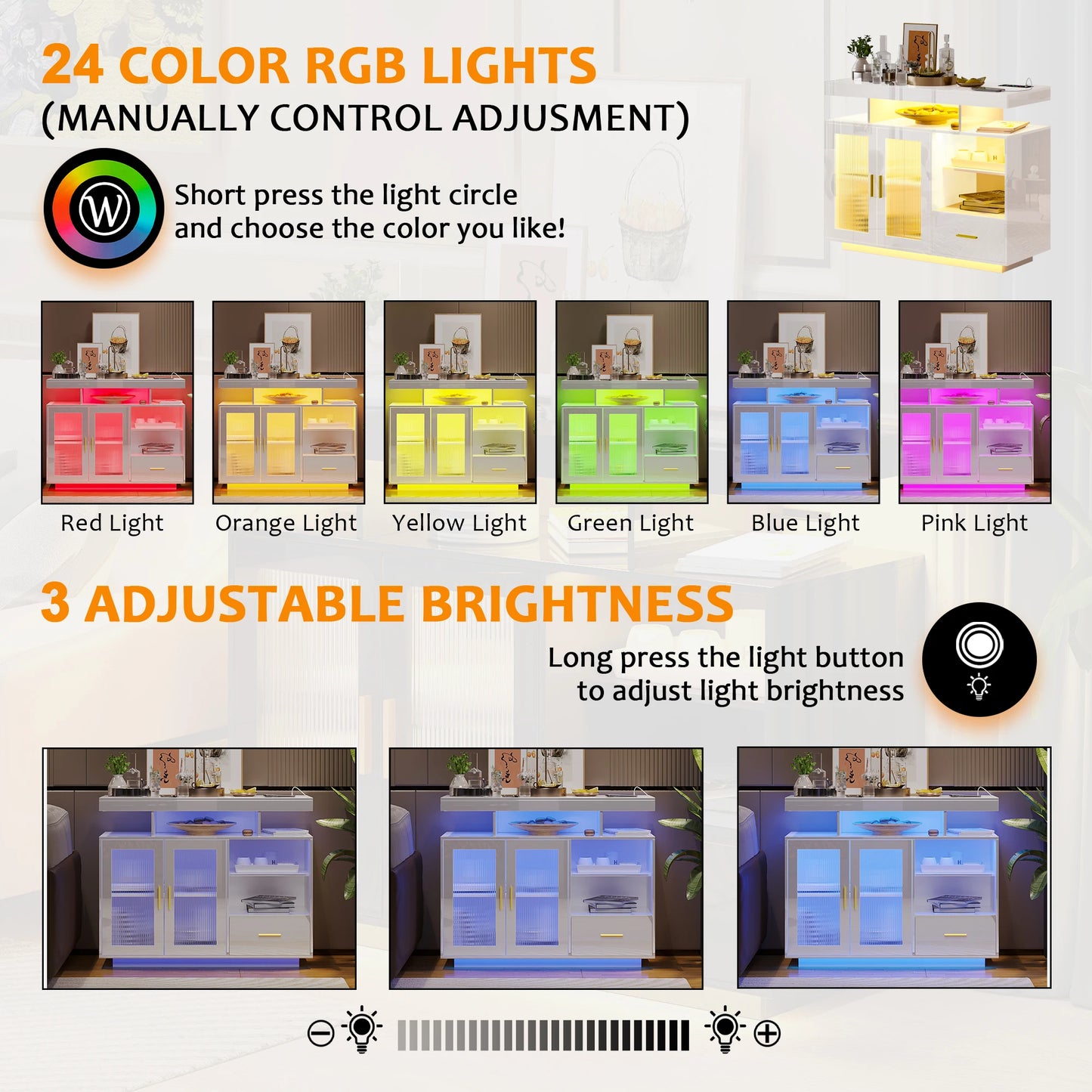 JDPAG LED Sideboard Buffet Cabinet With Storage And Charging Station