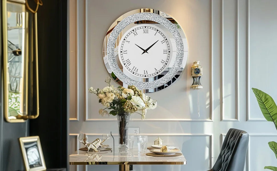 Round Mirrored Wall Clock With Crystal Sparkle Diamond Accents For Living Room